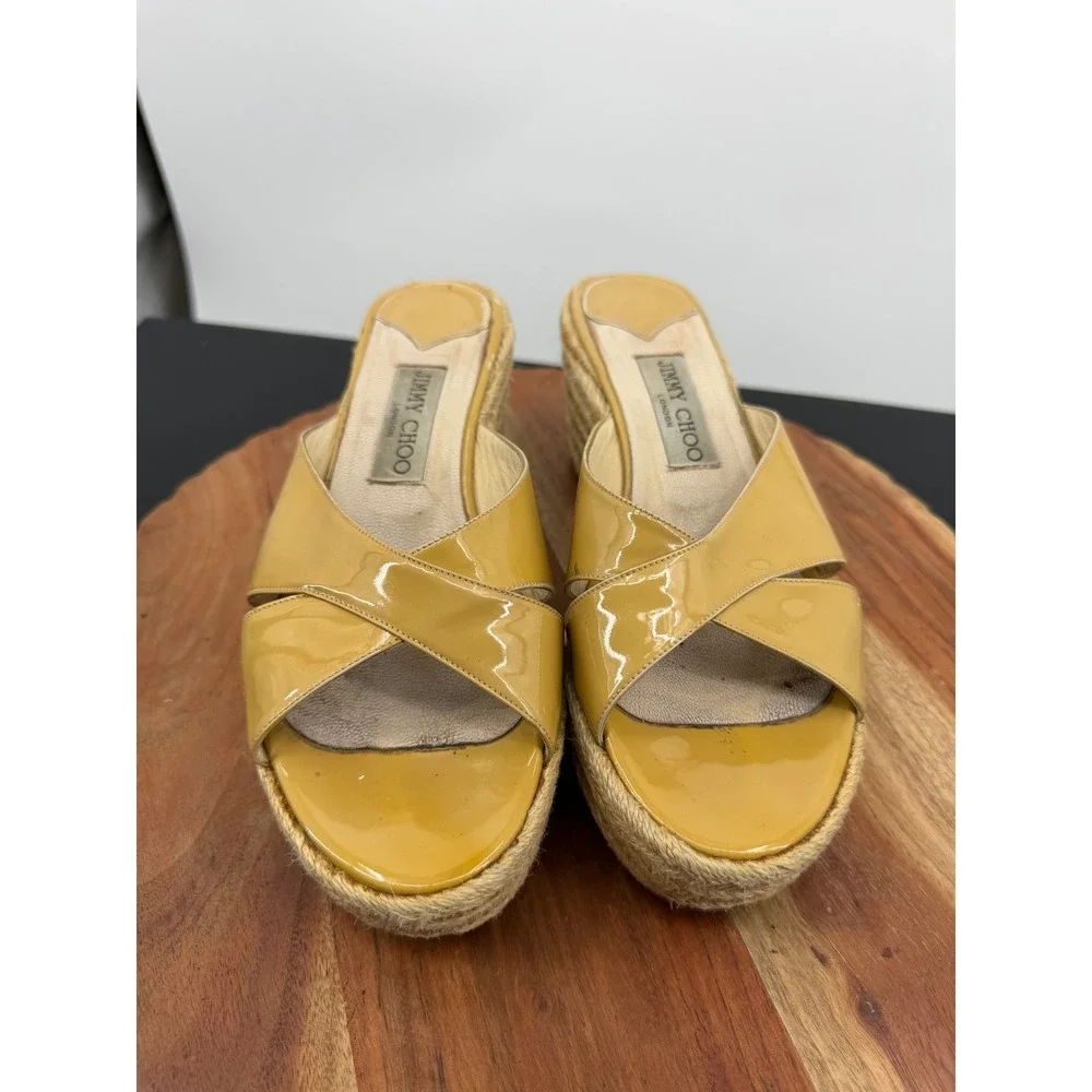 Jimmy Choo Panna Espadrille Slide Sandal Women 38 Tan Patent Leather Platform